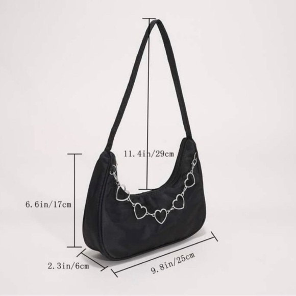 Black Nylon With Heart Shaped Removal Chain Black Shoulder Bag, NWT - Picture 4 of 5
